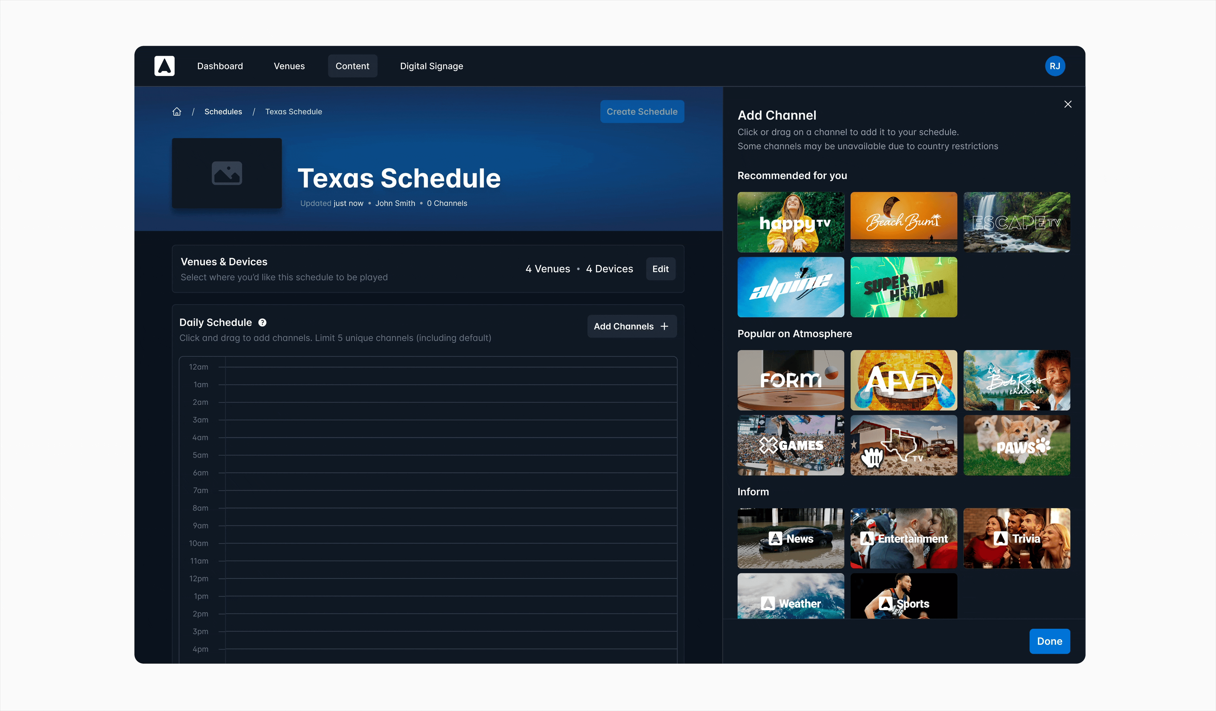 Adding channels to the schedule