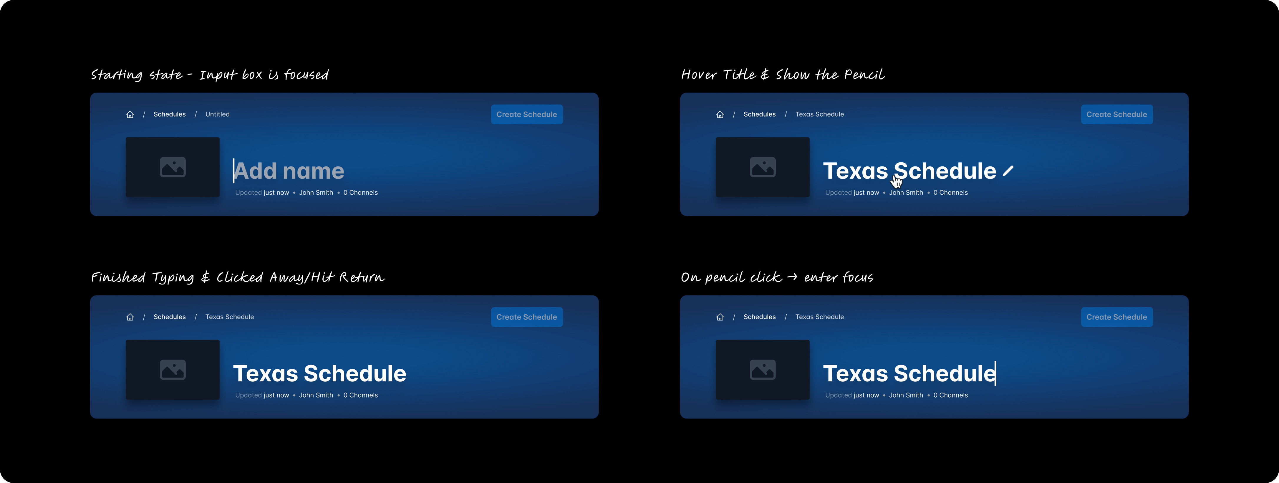 Different states of the schedule naming component