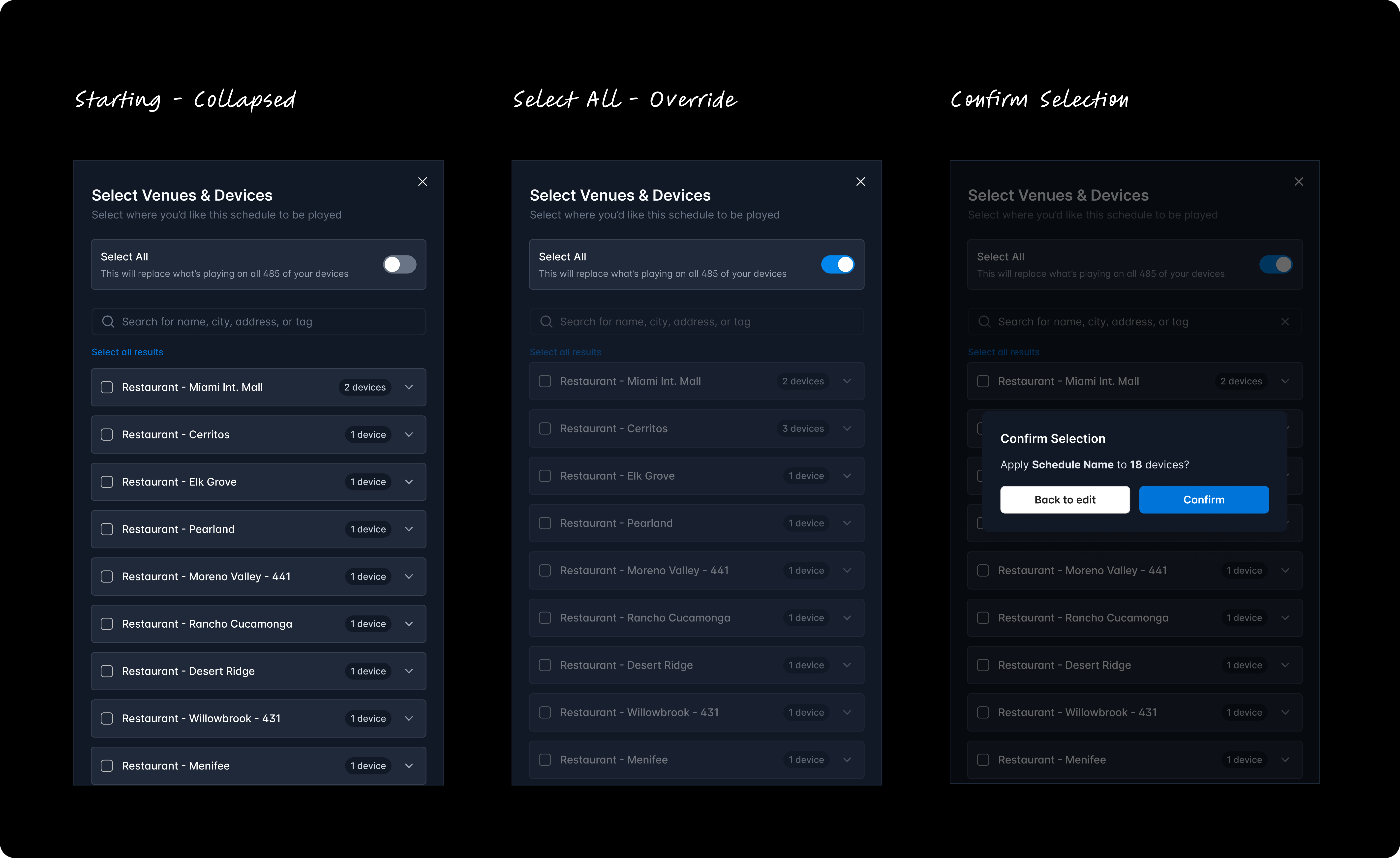 Different states of the adding venues flow