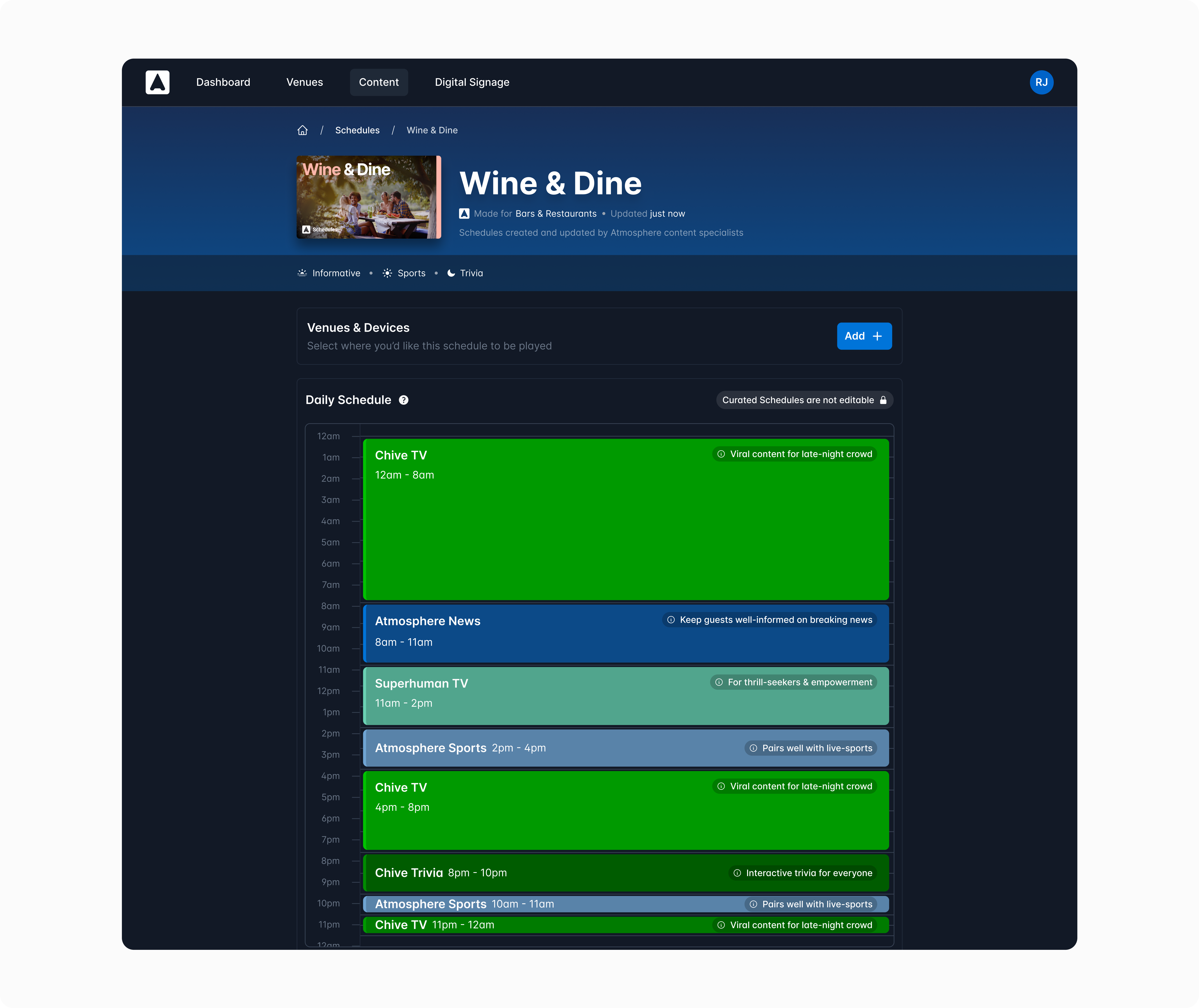 Channel taglines in our Wine & Dine curated schedule