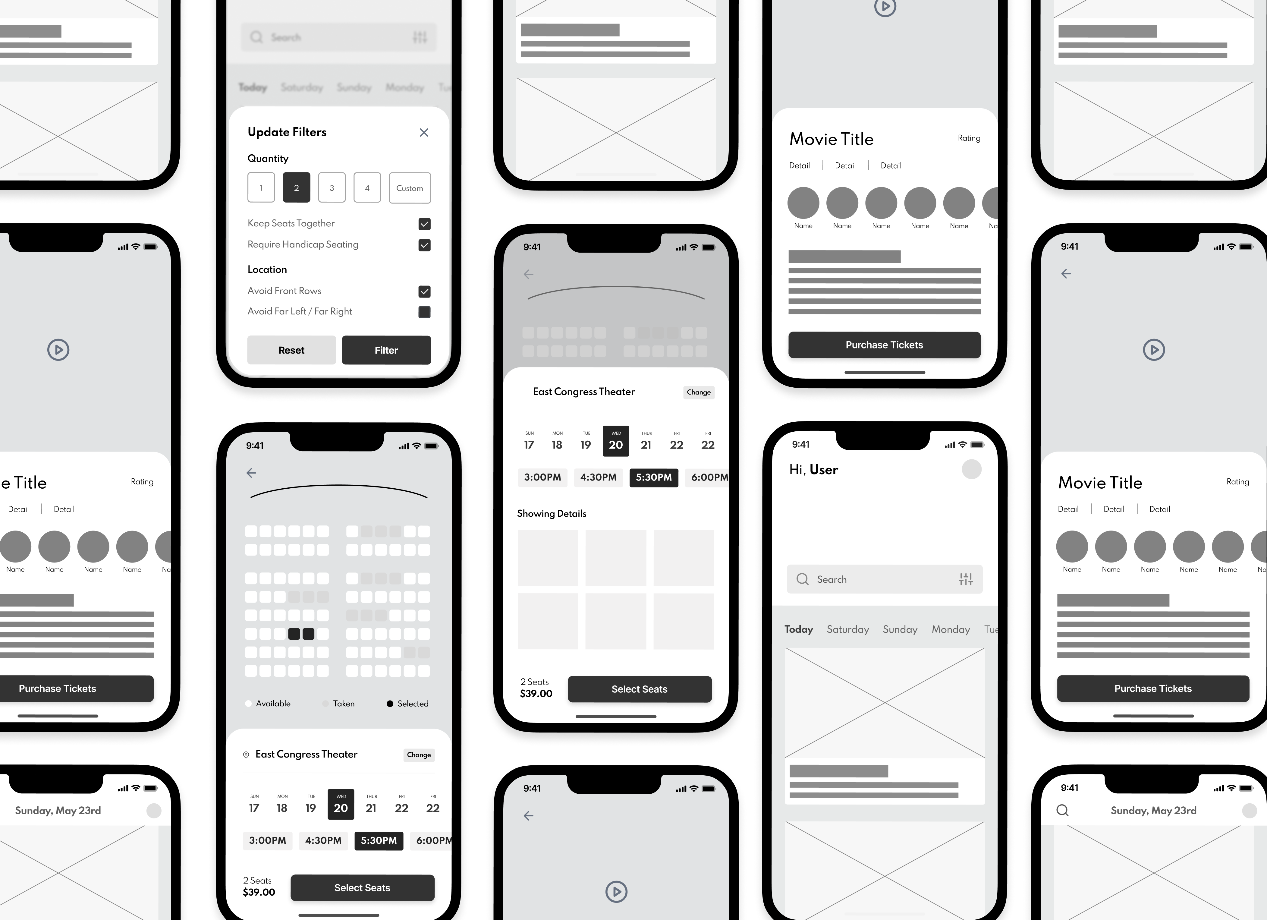 Low fidelity wireframes that display movie theater seat selection flow
